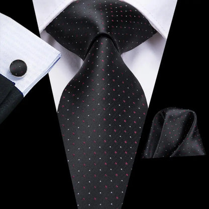 Black Floral Silk Wedding Tie Set - Elegant Necktie with Handkerchief  Cufflinks for Men