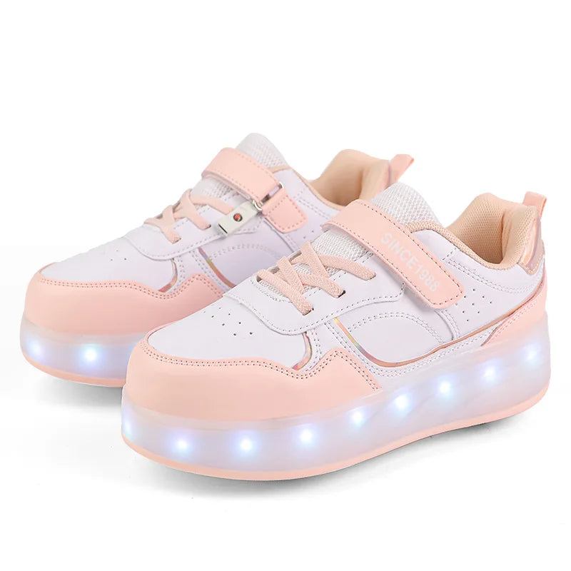 Roller Skate Shoes - Kids LED Light Sneakers With Hook & Loop Closure