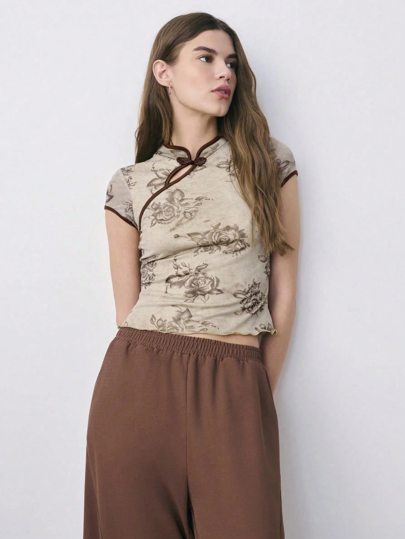 Vintage Chinese Style Rose Print Cheongsam Collar Short Sleeve T-Shirt, Retro Frog Button Slant Placket Slim Fit Crop Top, Summe