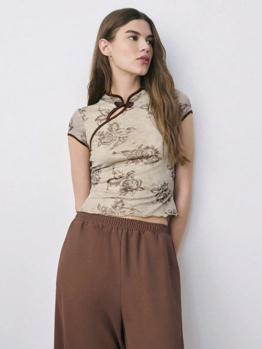 Vintage Chinese Style Rose Print Cheongsam Collar Short Sleeve T-Shirt, Retro Frog Button Slant Placket Slim Fit Crop Top, Summe