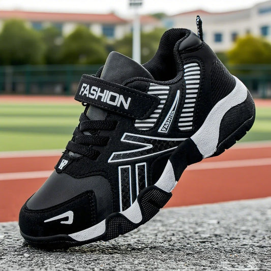 Boys Leather Sneakers - Kids Running Shoes With Rubber Outsole & Hook And Loop Closure