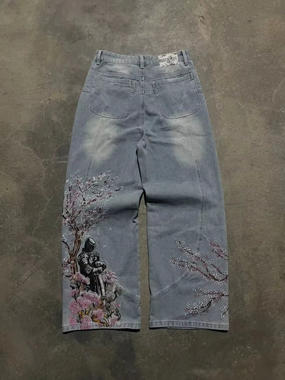Y2K Vintage Baggy Fallen Knight Cherry Blossom Embroidery Jeans Men Women Fashion Straight Wide-leg Denim Pants Streetwear Jean