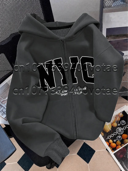 Fashion Letter Zip Up Hoodies Women Autumn Long Sleeve Tops Loose Hood Shirt Harajuku Y2K Clothes Female Sweatshirt Jacket