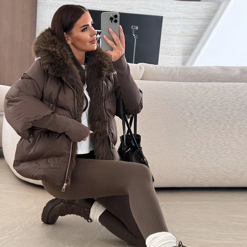 Women's Hooded Jacket - Quilted Cotton Winter Coat With Faux Fur Collar & Knitted Cuffs