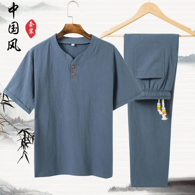 Linen Cotton T-shirt Men's Set Chinese Style Short Sleeve Sportswear +trousers 2 Piece Sets Summer Men Tracksuit Solid Suit