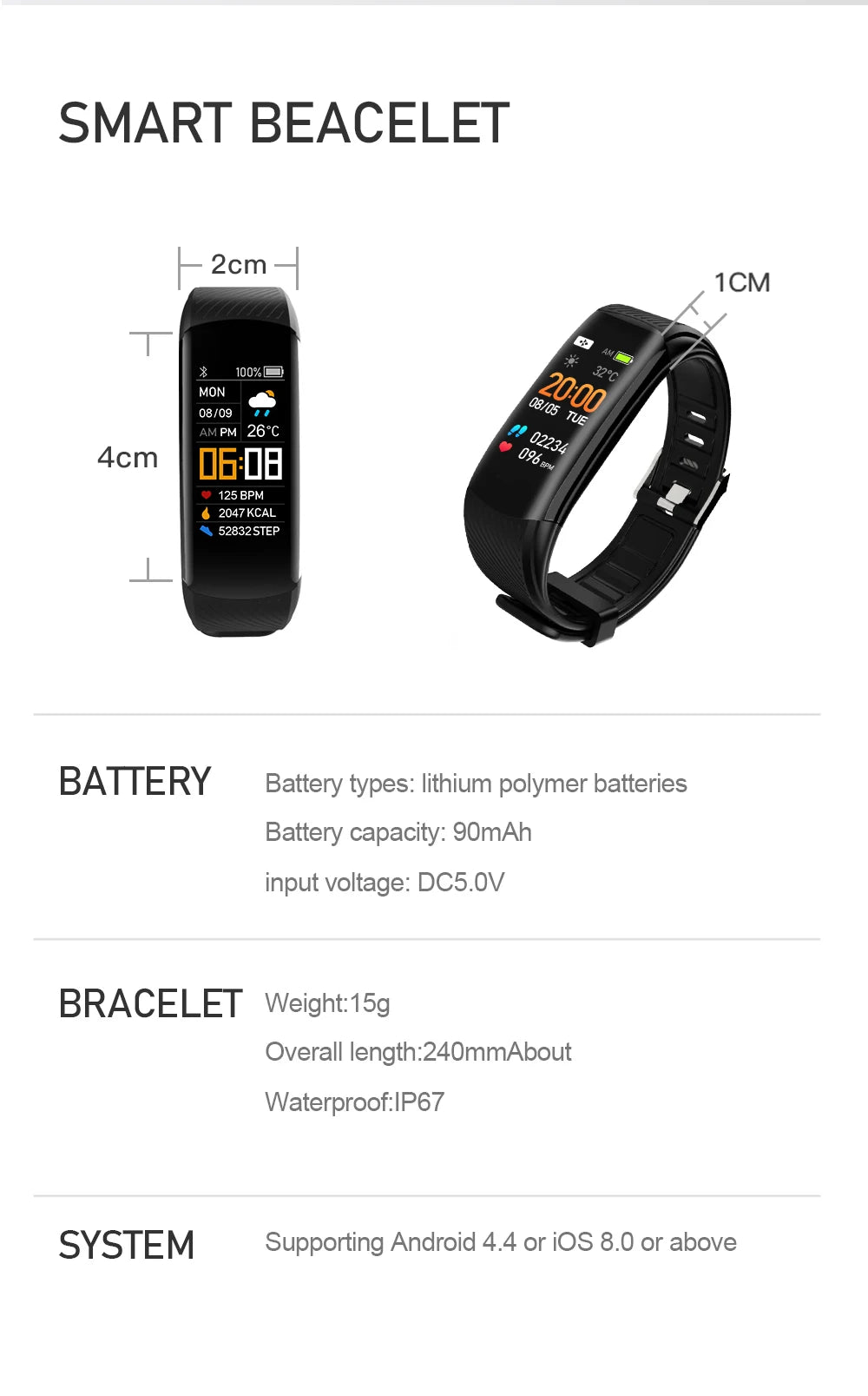 C5S Smart Bracelet IP67 Support Heart Rate Blood Pressure Blood Oxygen Measurement Call Reminder 3 Sports Modes For Men Women