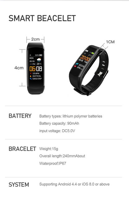 C5S Smart Bracelet IP67 Support Heart Rate Blood Pressure Blood Oxygen Measurement Call Reminder 3 Sports Modes For Men Women