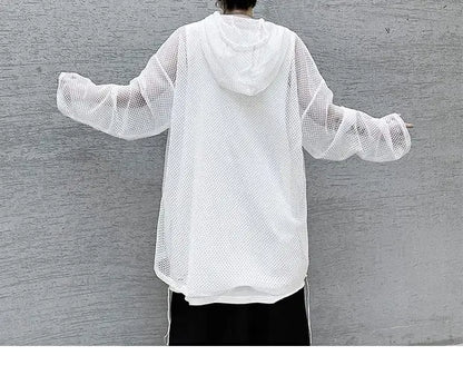 2024 Summer Dark Hollowed Out Mesh Hoodies T-shirt For Men Women Long Sleeves Loose Hooded Mesh Transparent Shirts