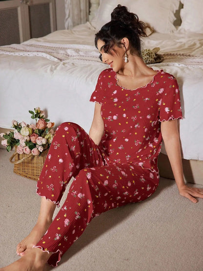 New European and American style loose-fitting women's pajamas, floral short-sleeved long pants home wear, casual two-piece set s