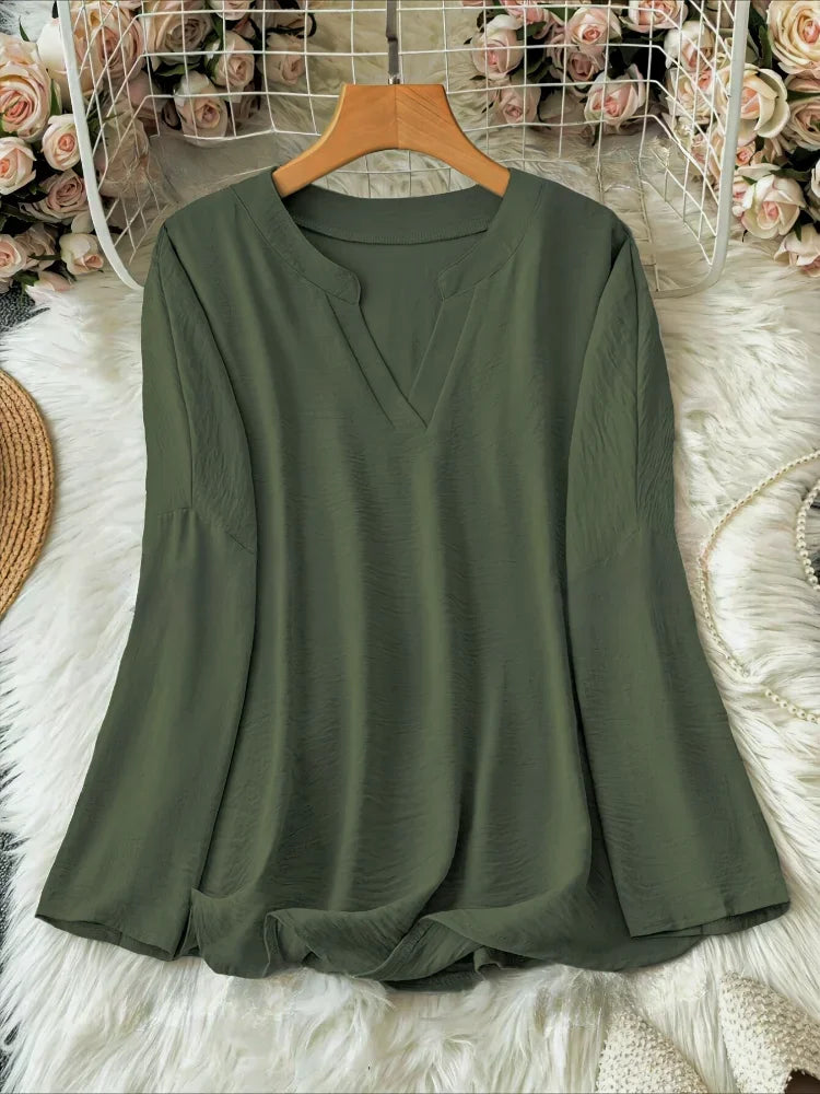 Plus Size Casual Tops - Women's Loose Fit Long Sleeve V-Neck Shirts in Polyester Oxford