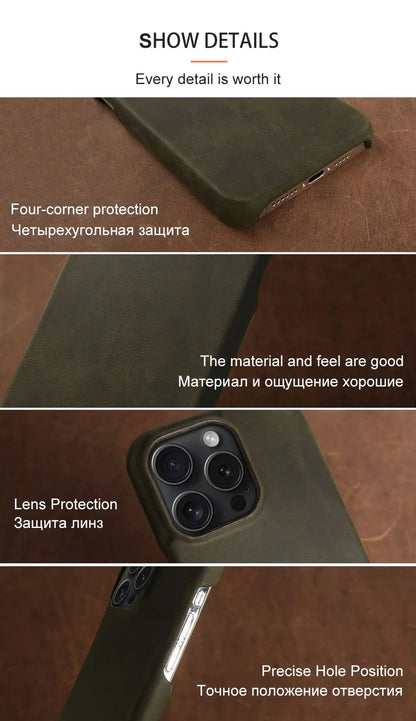 ZWW Crazy House Genuine Leather Cover Case For Iphone 15 Pro Max Case For Iphone 14pro 12 11 XR XS 13 8 Aesthetic Vintage Retro