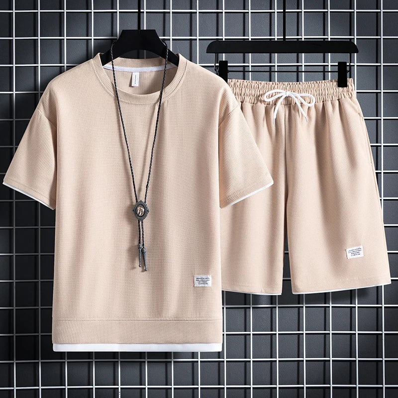 Summer Men's Waffle Sets Casual T-Shirt And Shorts Set Male Sports Suit Solid Color Tracksuit Loose Suits