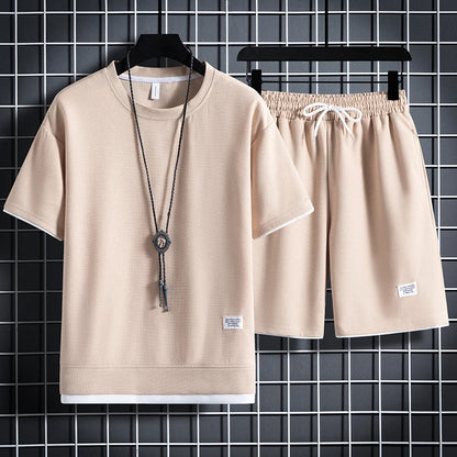 Summer Men's Waffle Sets Casual T-Shirt And Shorts Set Male Sports Suit Solid Color Tracksuit Loose Suits
