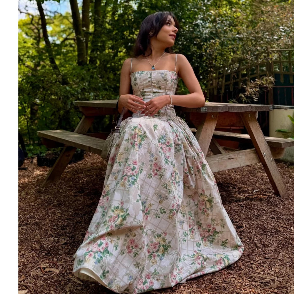 Summer Midi Dress - Women's Floral Print Elegant Camisole Fit and Flare Holiday Dress