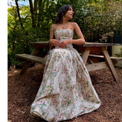 Summer Midi Dress - Women's Floral Print Elegant Camisole Fit and Flare Holiday Dress