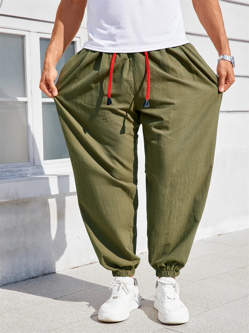 Men's Harem Pants Loose Fit Chinese Style Cotton Linen Solid Color Cozy Sweatpants Joggers High Quality Male Casual Trousers