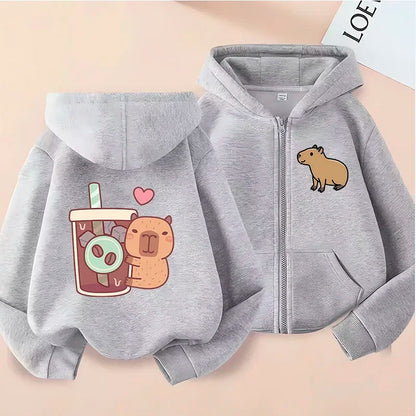 Kawaii Capybara Zip Up Hoodie - Childrens Manga Sweatshirt for Kids - ZOOMNSTORE