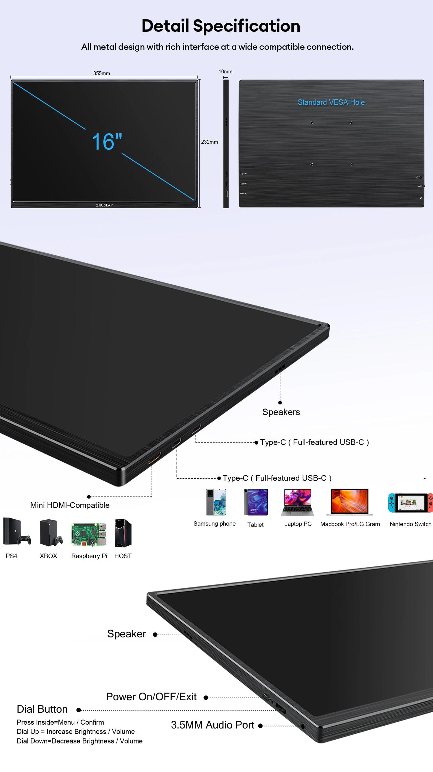 Portable Touch Screen Monitor 16 Inch IPS Panel Travel Display with USB Type-C & HDR10