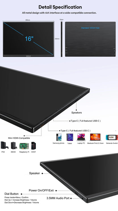 Portable Touch Screen Monitor 16 Inch IPS Panel Travel Display with USB Type-C & HDR10