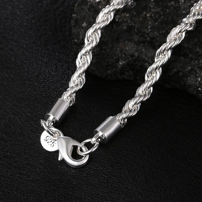 High Quality 925 Silver 4MM Women Men Chain Male Twisted Rope Necklace Bracelets Fashion Silver Jewelry Set