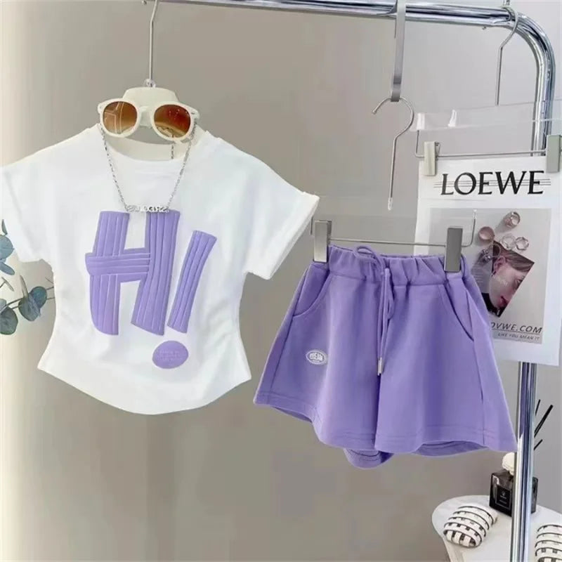 Girls Print Sets Summer Children Short-sleeved Suits Teenage Letter T-shirt+Shorts 2 Pcs Kids Clothing Tracksuit Outfits 3-12Y