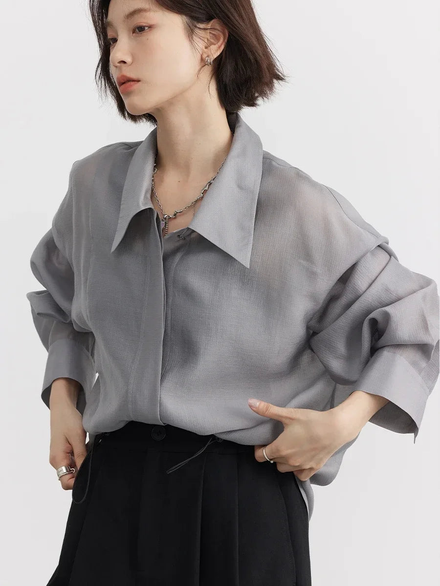 CHIC VEN Women Thin Shirt Long Sleeve Casual Loose Slightly Transparent Cool Blouses Woman Solid Design Female Top Summer 2026