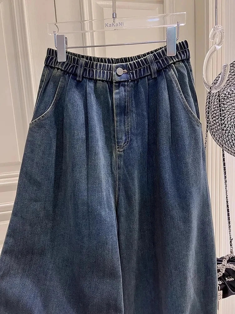 Plus Size 5XL 140kg Summer Autumn Ankle-Length Pants Elastic Wasit Wide Leg Jeans for Woman Big size Jeans Oversized Women