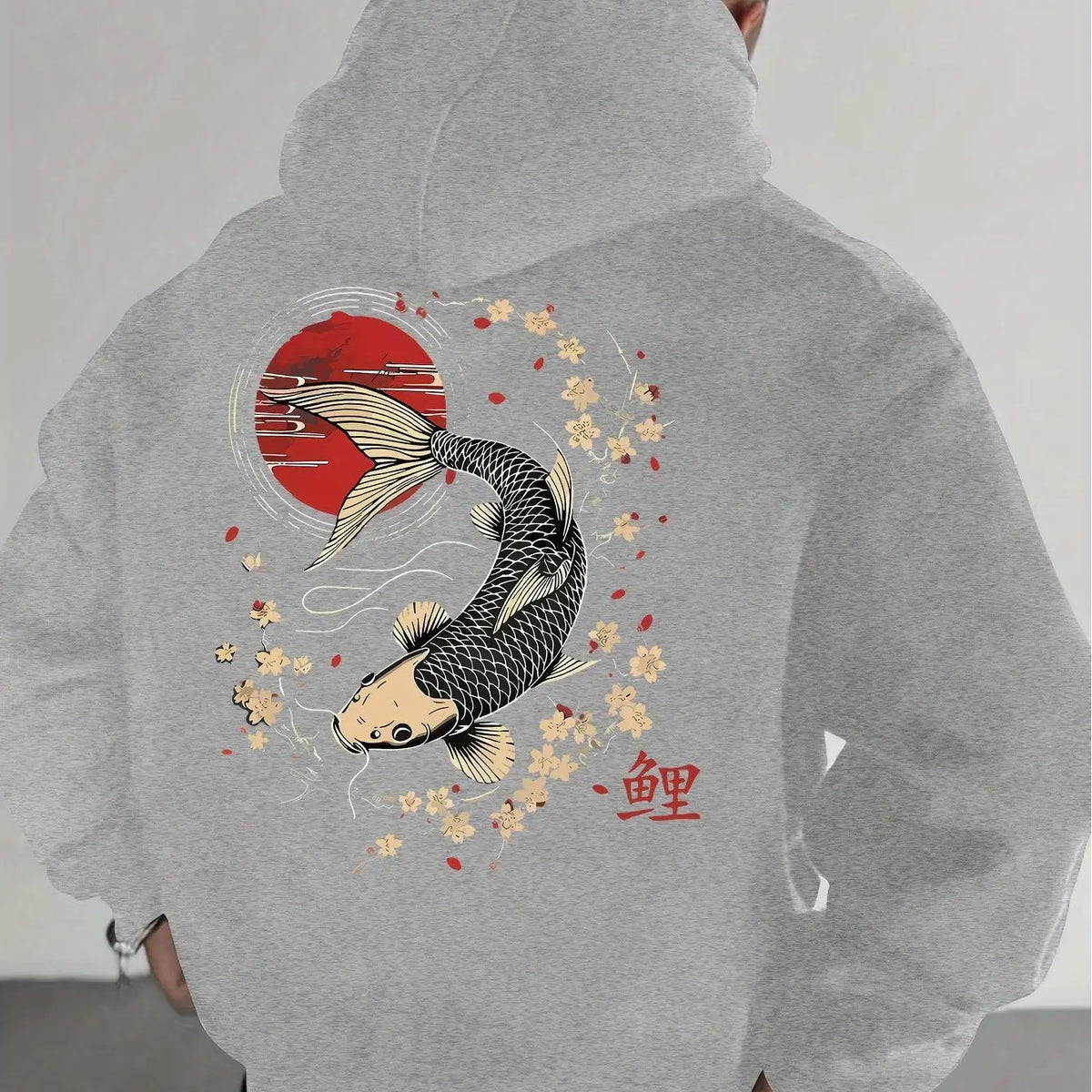 Men's Pullover Hoodie with Japanese Koi, Cherry Blossom and Chinese Character (koi) Design, Loose-fitting Casual Sweatshirt.