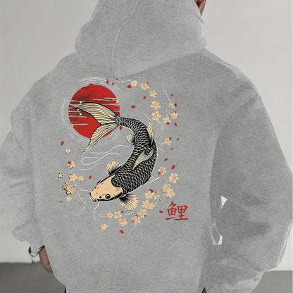 Men's Pullover Hoodie with Japanese Koi, Cherry Blossom and Chinese Character (koi) Design, Loose-fitting Casual Sweatshirt.