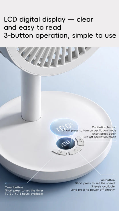 BLDC Oscillating Desktop Fan 4000mAh 5 Wind Speeds Silent Portable Rechargeable Fan with Timing Function for Home Room Gift