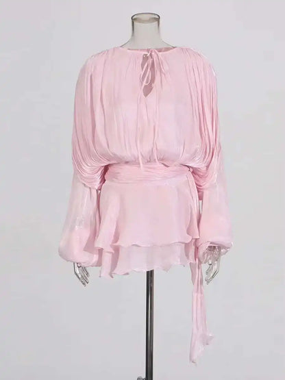 Mini Blouse Dress - Women's V Neck Long Sleeve Lace Up Sweet Style Above Knee