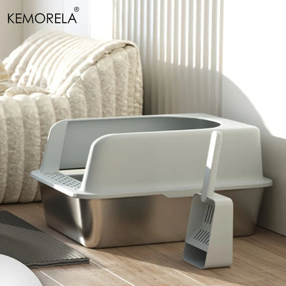 Large Stainless Steel Closed Litter Box with Mat and Spade - High-Sided Cat Tray - ZOOMNSTORE