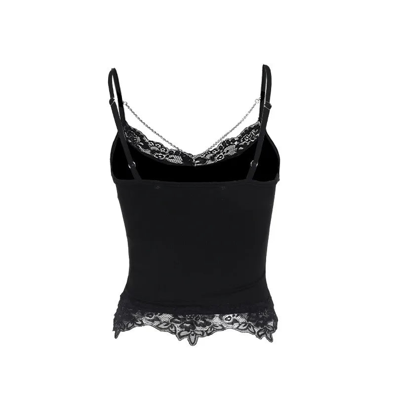 AltGoth Gothic Punk Camis Women Streetwear Harajuku Y2k Grunge Graphic Bat Printed Lace Patchwork Crop Tank Top with Chain Femme