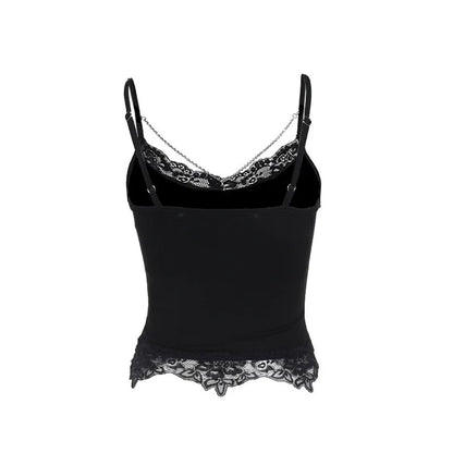 AltGoth Gothic Punk Camis Women Streetwear Harajuku Y2k Grunge Graphic Bat Printed Lace Patchwork Crop Tank Top with Chain Femme