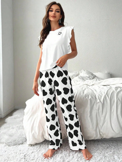 Spring Summer Heart Print Sleepwear Women Comfortable Pajamas Set Short Sleeve T-shirt with Pants Casual Homewear Loungewear