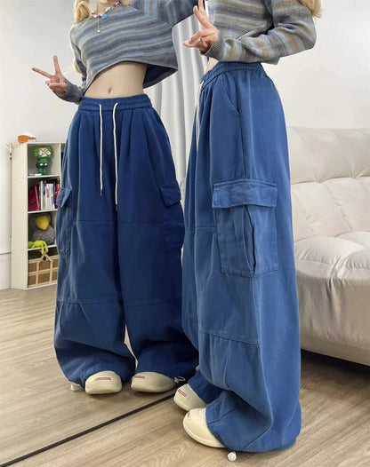 Cargo Pants Women Solid Color Japanese Loose Thin Straight Wide-leg High Waist Trousers High Street Basics Casual Pants Female