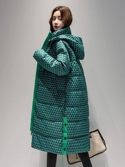 2023 Winter Warm  Plaid Long  Coat Women ' s Fashion Thicken Hooded Puffer Jacket Female Windproof Warm Outwear