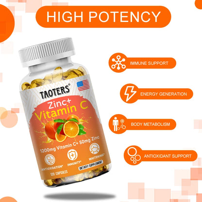 Taoters Vitamin C + Zinc Supplement - High Absorption - Immune System, Skin Health Vitamins - Antioxidant Supplement