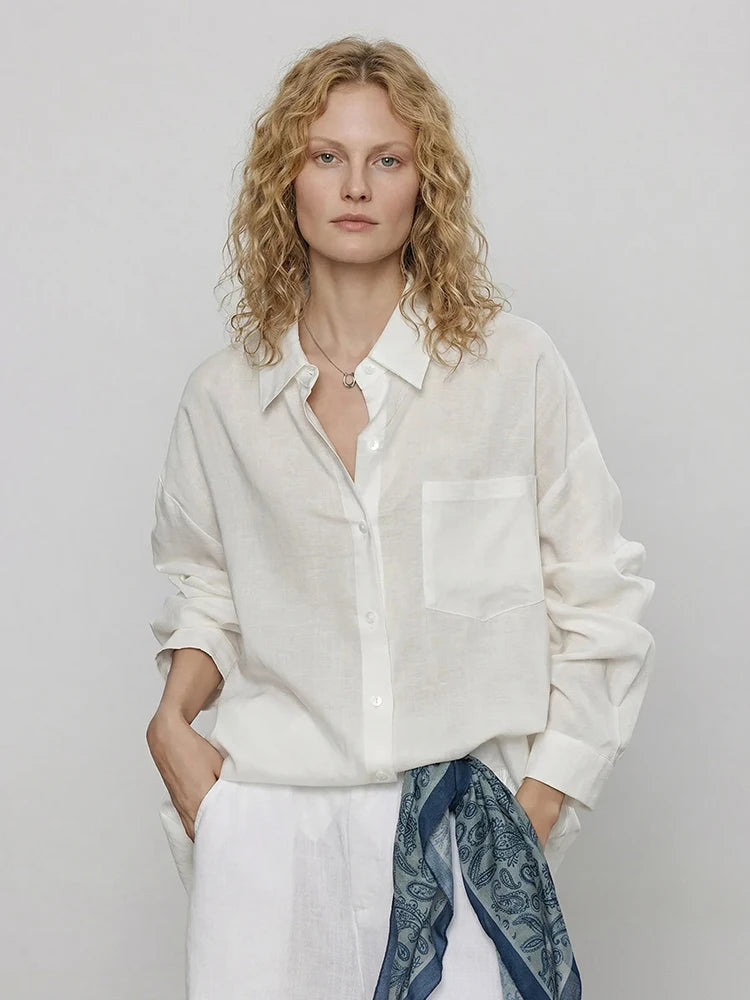 Summer Blue Linen Shirts For Women Oversized Long Sleeve Tops Green Shirt Woman Work Basic Linen Tops Women White Shirts Ladies