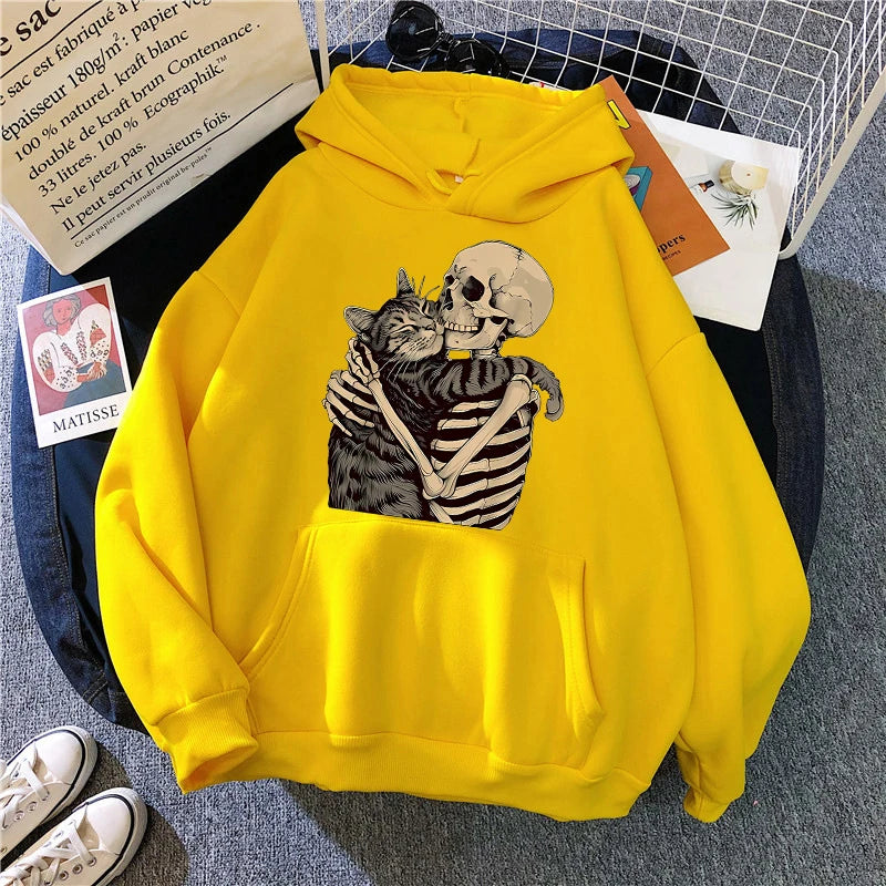 Halloween Skull and Cat Print Kangaroo Pocket Hoodies Fall Winter Long Sleeve Sweatshirt Unisex Funny Vintage Hooded 90s Clothes
