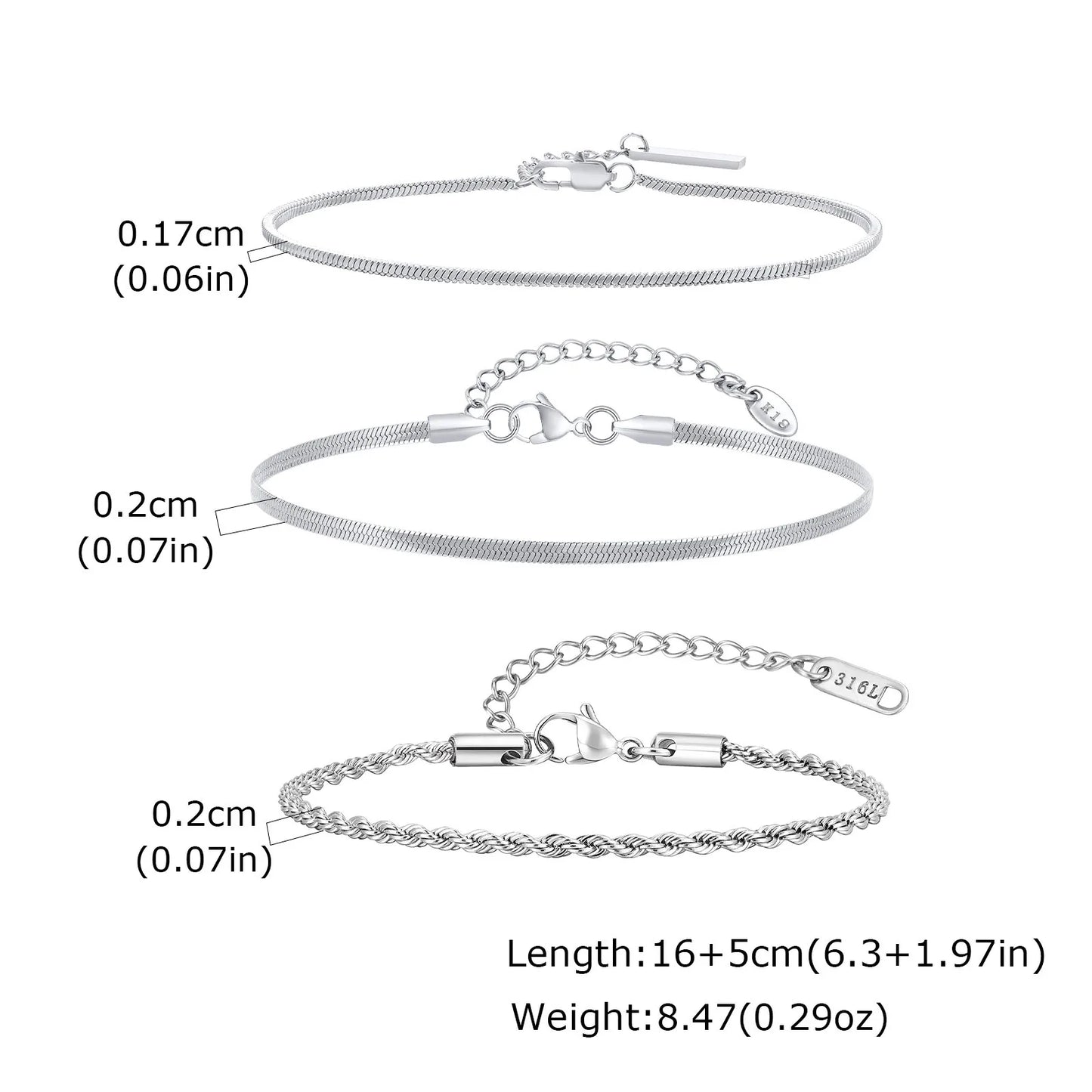 3pcs Men Thin Chain Bracelet,Never Fade Silver Color Twist Chain Wristband,Stylish Punk Jewelry Gift for Husband Father Son