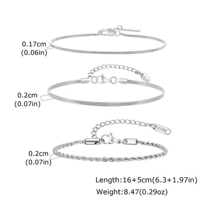 3pcs Men Thin Chain Bracelet,Never Fade Silver Color Twist Chain Wristband,Stylish Punk Jewelry Gift for Husband Father Son