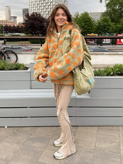 Fleece Flower Sweatshirt For Women 2025 Autumn Winter New Fashion Hoodies Warm Fur Top Zipper Pullovers Casual Outwear