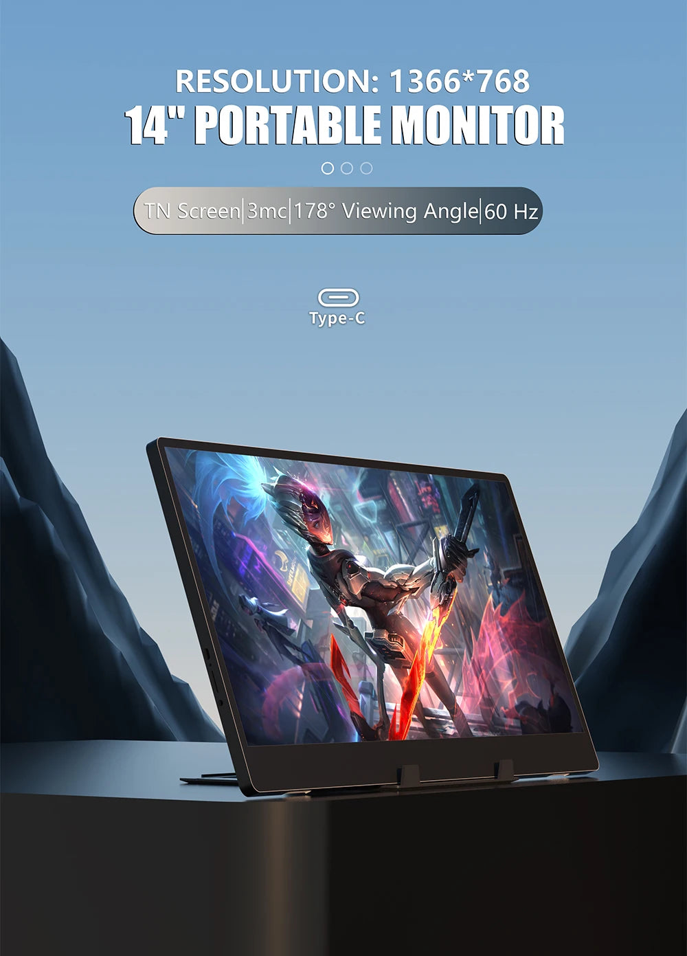 Portable Monitor 14 Inch - MUCAI N140-S36 TN Panel, 60Hz, 3ms Response, Built-In Speakers