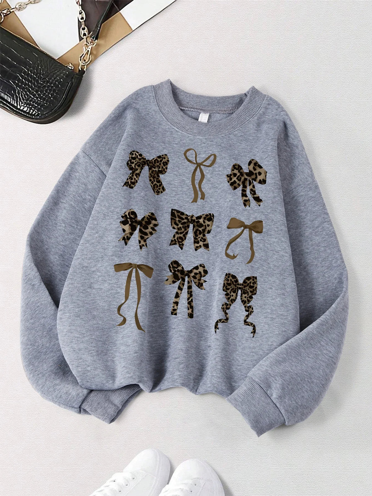Retro Leopard Print Bow Printed Women Hoodies All-Match Fleece Casual Clothes Street Pullover Winter Autumn Woman Clothing