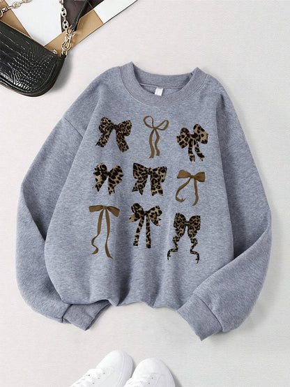 Retro Leopard Print Bow Printed Women Hoodies All-Match Fleece Casual Clothes Street Pullover Winter Autumn Woman Clothing