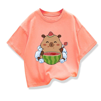 Summer New Capybara Watermelon Printed Cartoon Fashion Short Sleeve T-shirt Kids Clothing Tees Girls Loose Casual Tops T Shirts