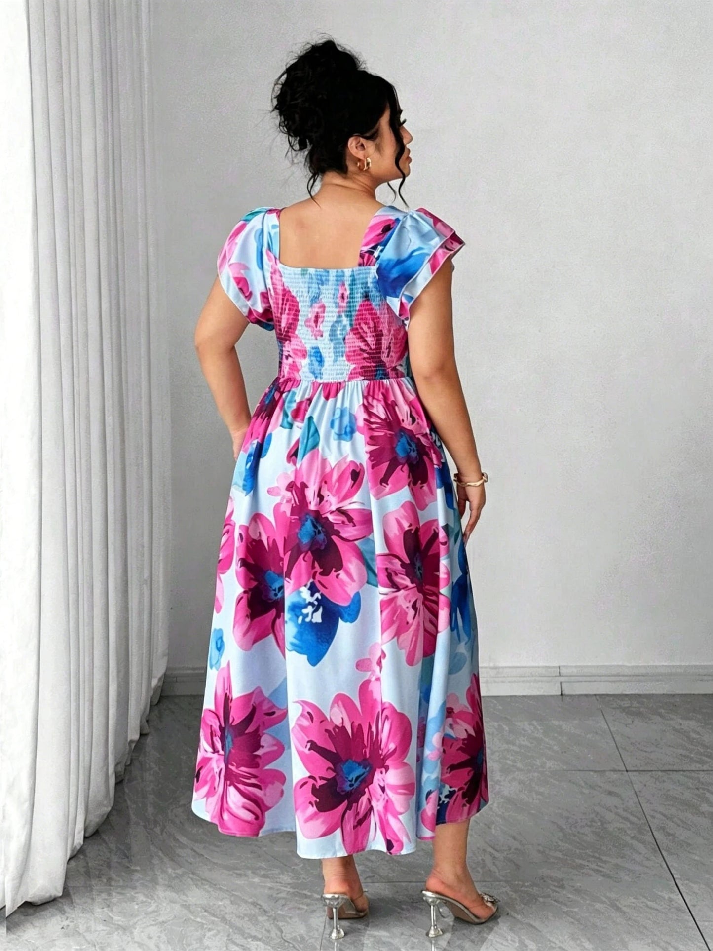 Plus Size Women's Elegant Blue Printed A-Line Dress, Slim Waist Fitted Casual Mini Dress for Daily Dating