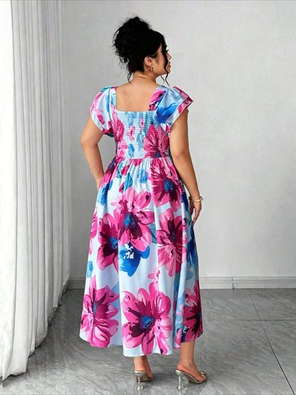 Plus Size Women's Elegant Blue Printed A-Line Dress, Slim Waist Fitted Casual Mini Dress for Daily Dating