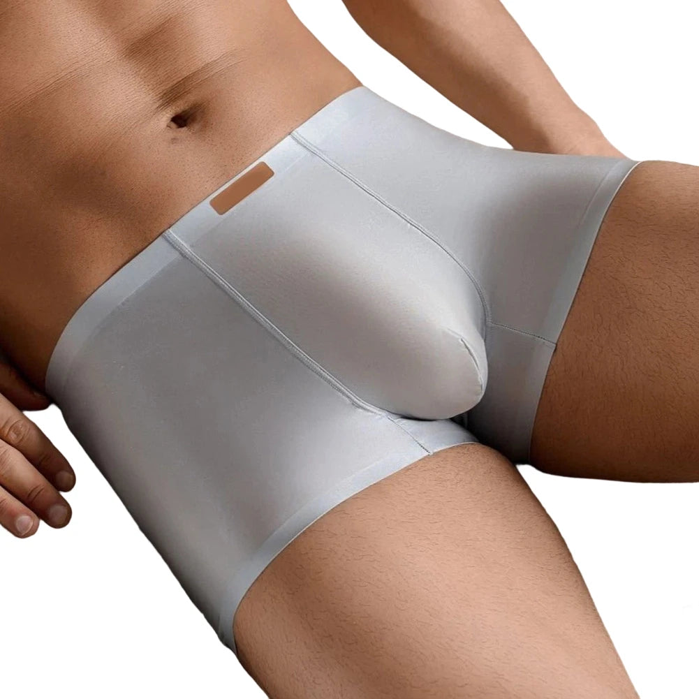 1pc Men Satin Trunks Seamless Shiny Boxer Shorts Ice Silk Middle Waist Panties Solid U Convex Bulge Pouch Underwear Breathable